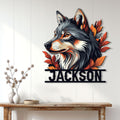 Wolf metal sign displayed as statement wall decor above a rustic console table in a bright home