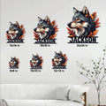Wolf metal sign size guide showing multiple square size options styled on a living room wall