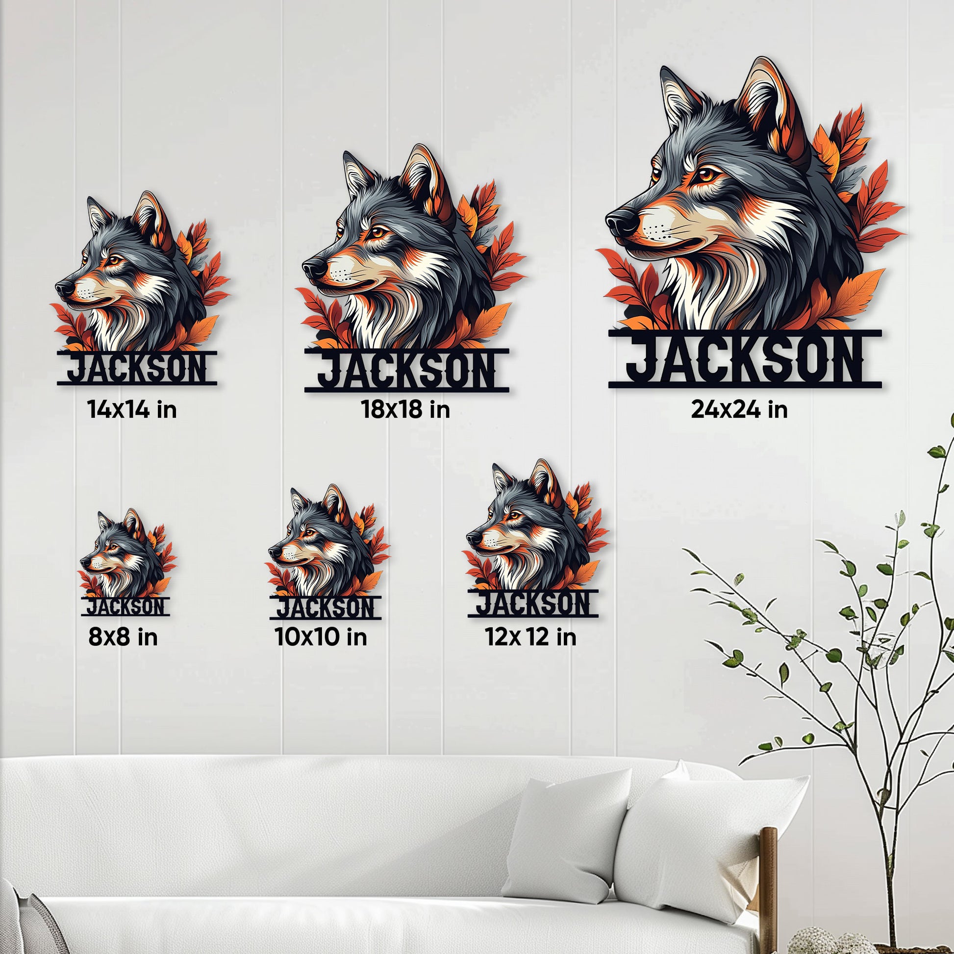 Wolf metal sign size guide showing multiple square size options styled on a living room wall