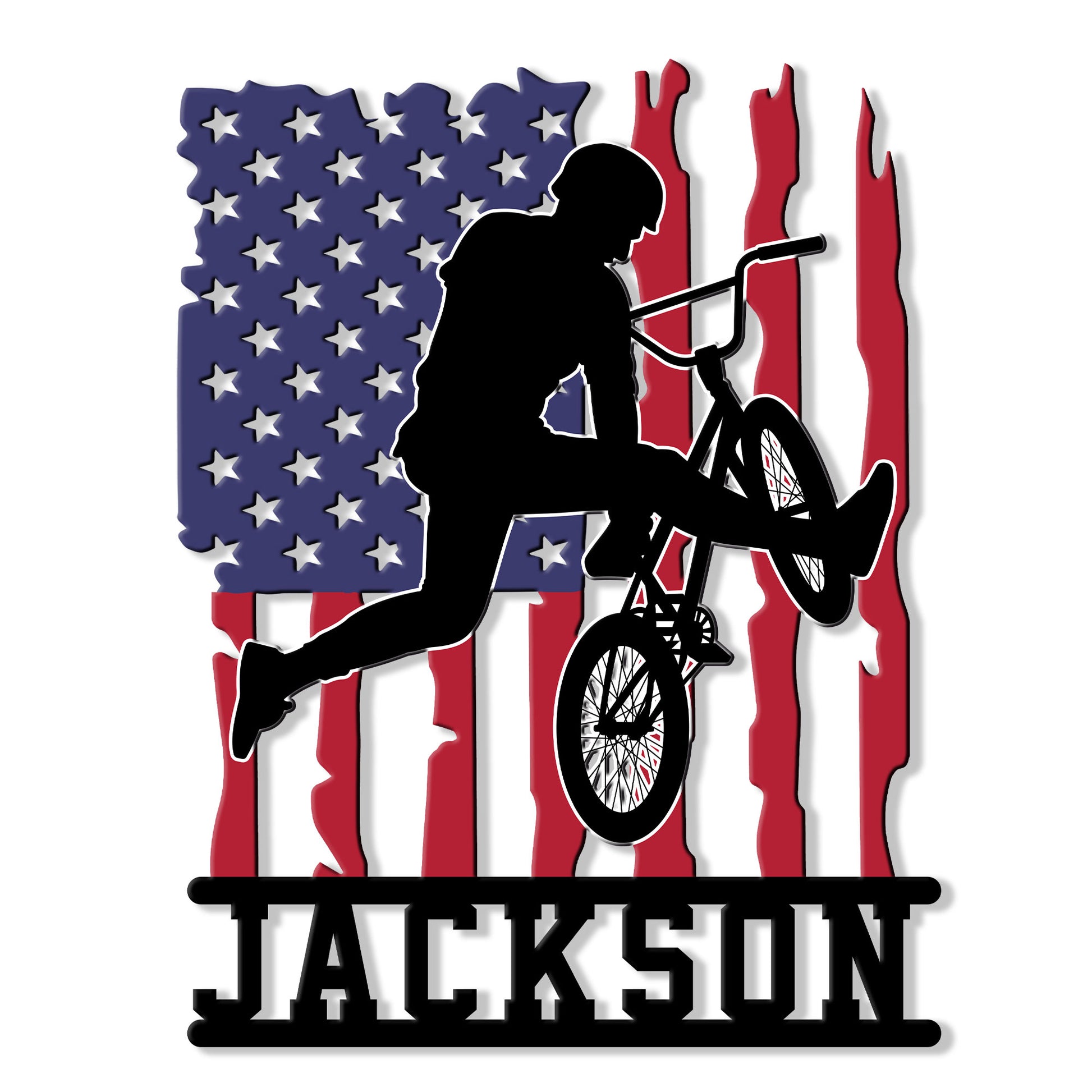 Custom BMX rider silhouette metal sign with an American flag background and bold wall decor design