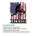BMX bicycle silhouette cut metal sign shown with product feature information and patriotic artwork