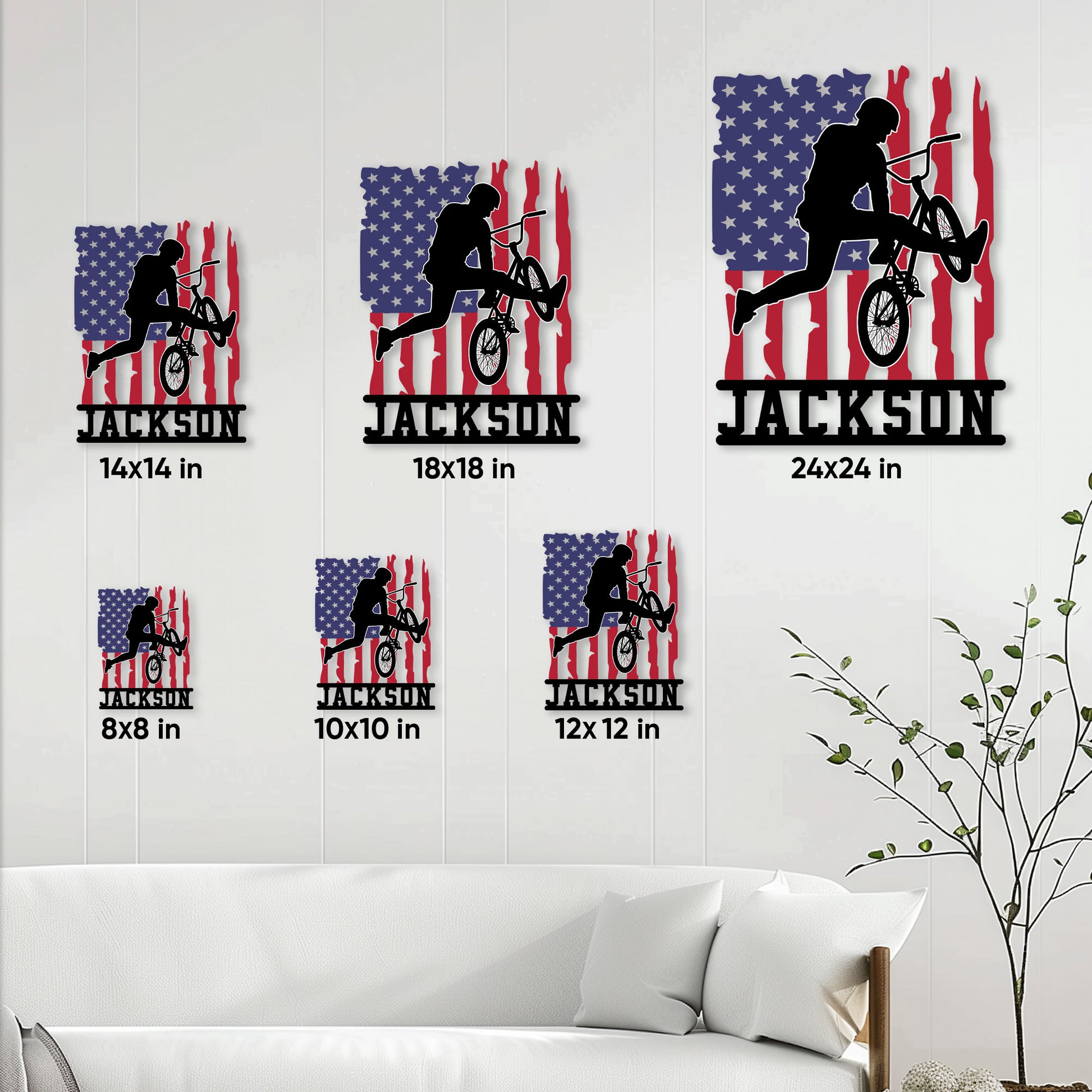 BMX metal sign size guide showing six square size options displayed in a living room setting