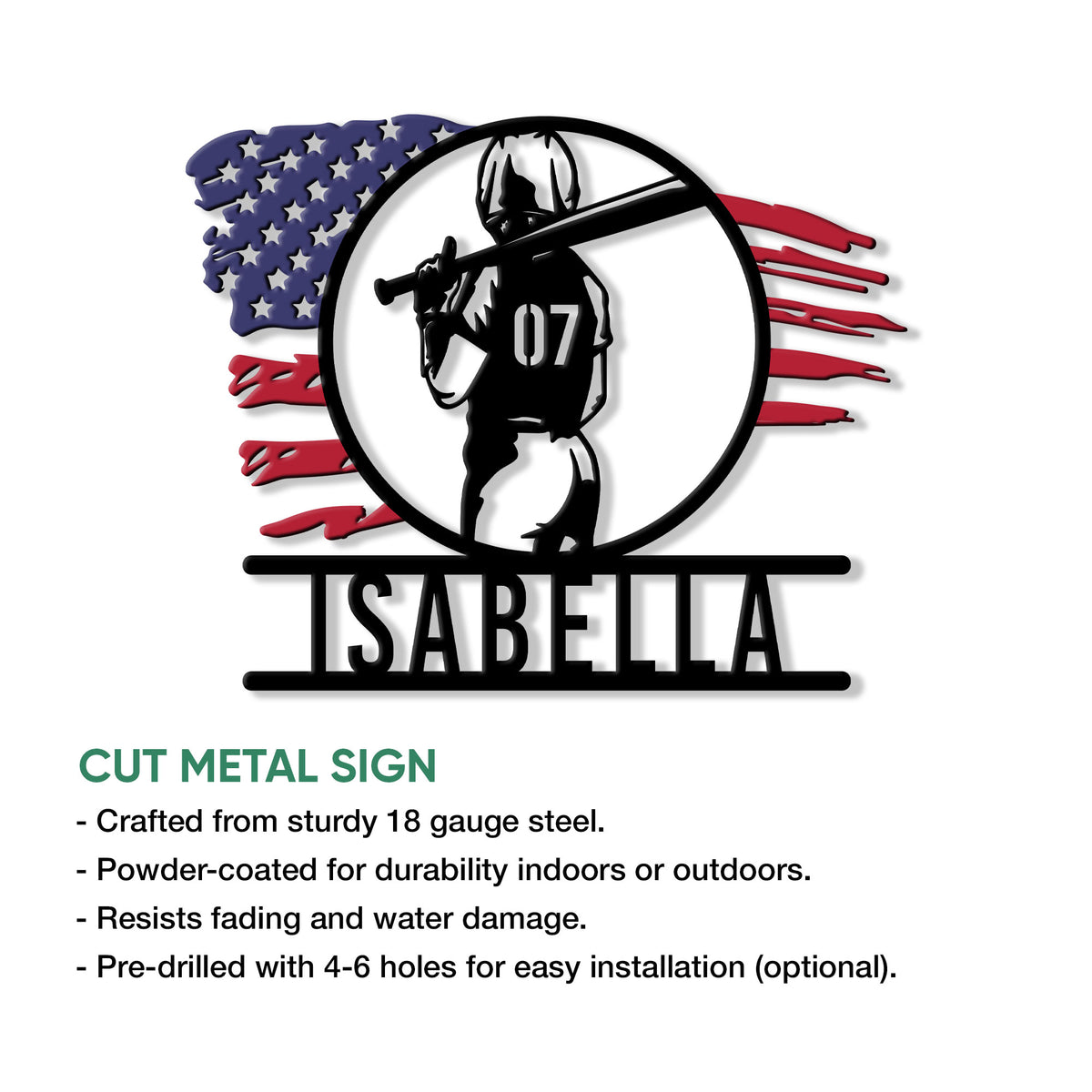 Softball metal sign feature graphic showing the player design and cut metal sign details