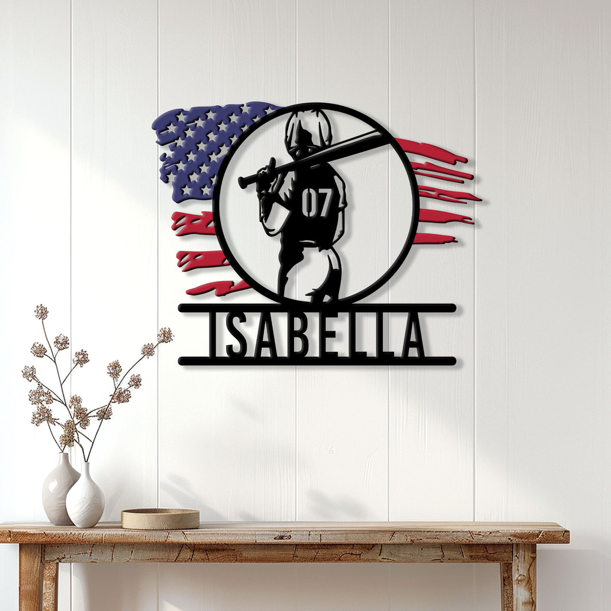 Softball player metal wall sign displayed on a light wood-paneled wall