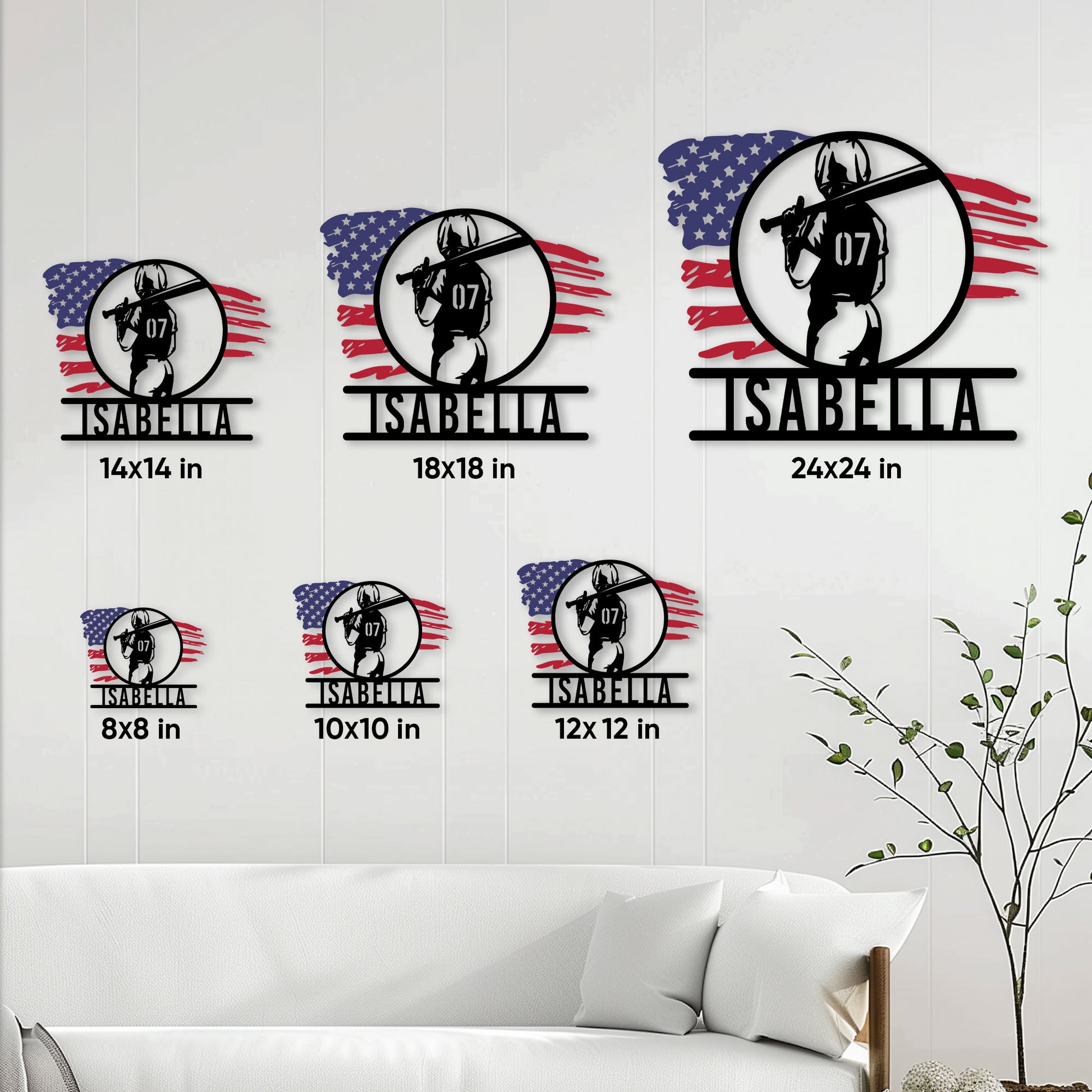 Softball metal sign size guide showing six available square dimensions