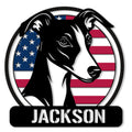Custom Whippet metal sign featuring a black-and-white dog portrait against an American flag