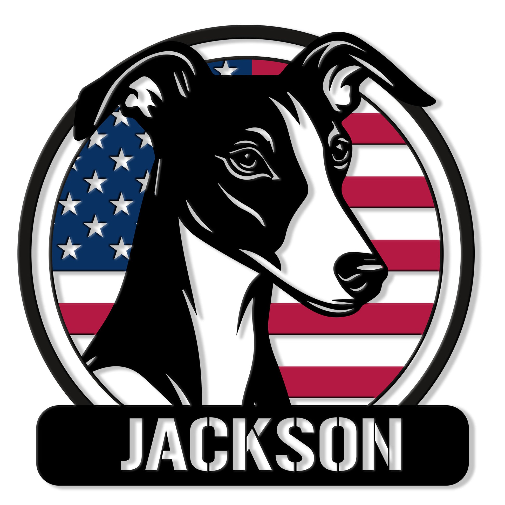 Custom Whippet metal sign featuring a black-and-white dog portrait against an American flag