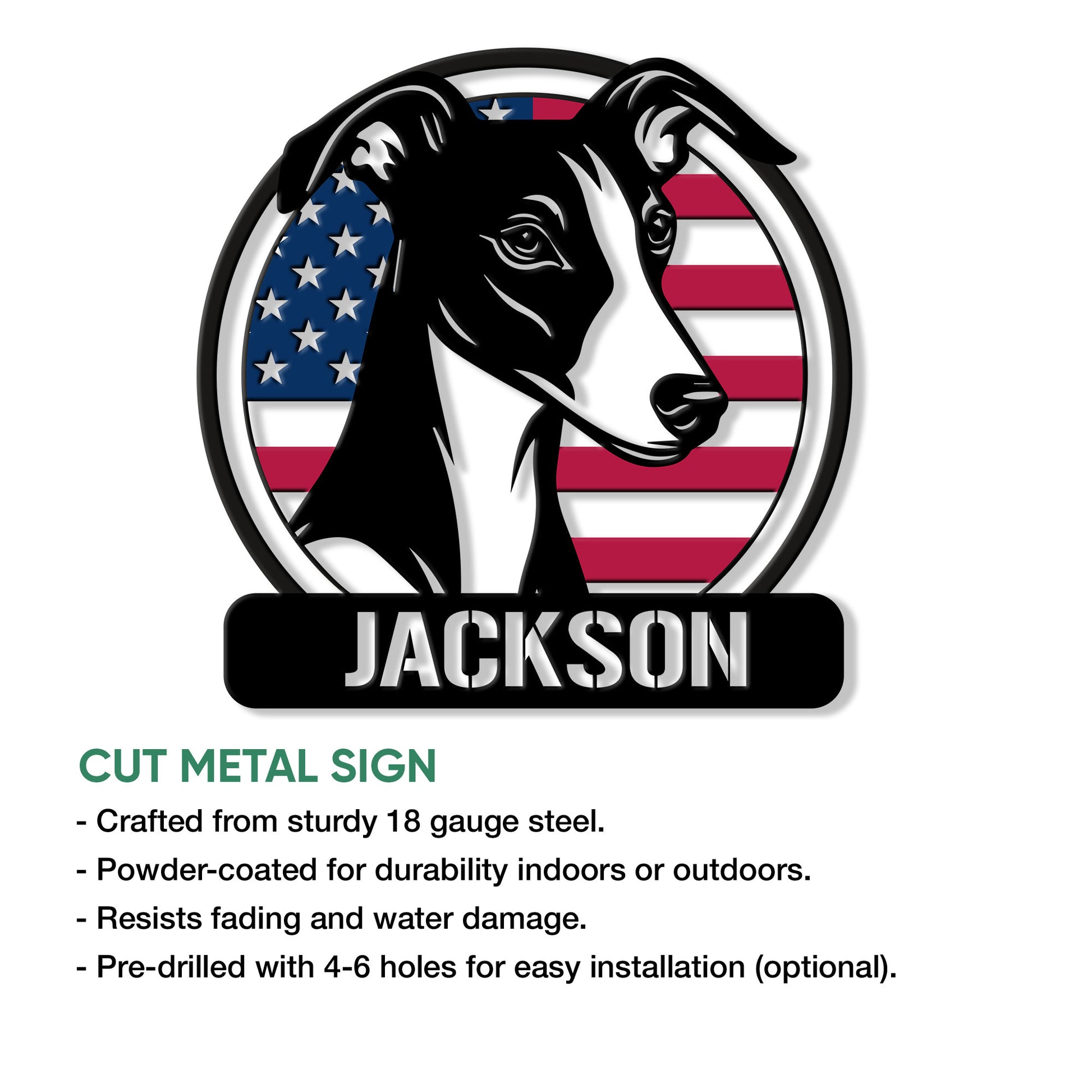 Whippet metal sign product infographic showing the cut-metal design and indoor or outdoor display features