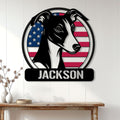 Patriotic Whippet metal wall sign displayed above a wooden console in a bright home interior