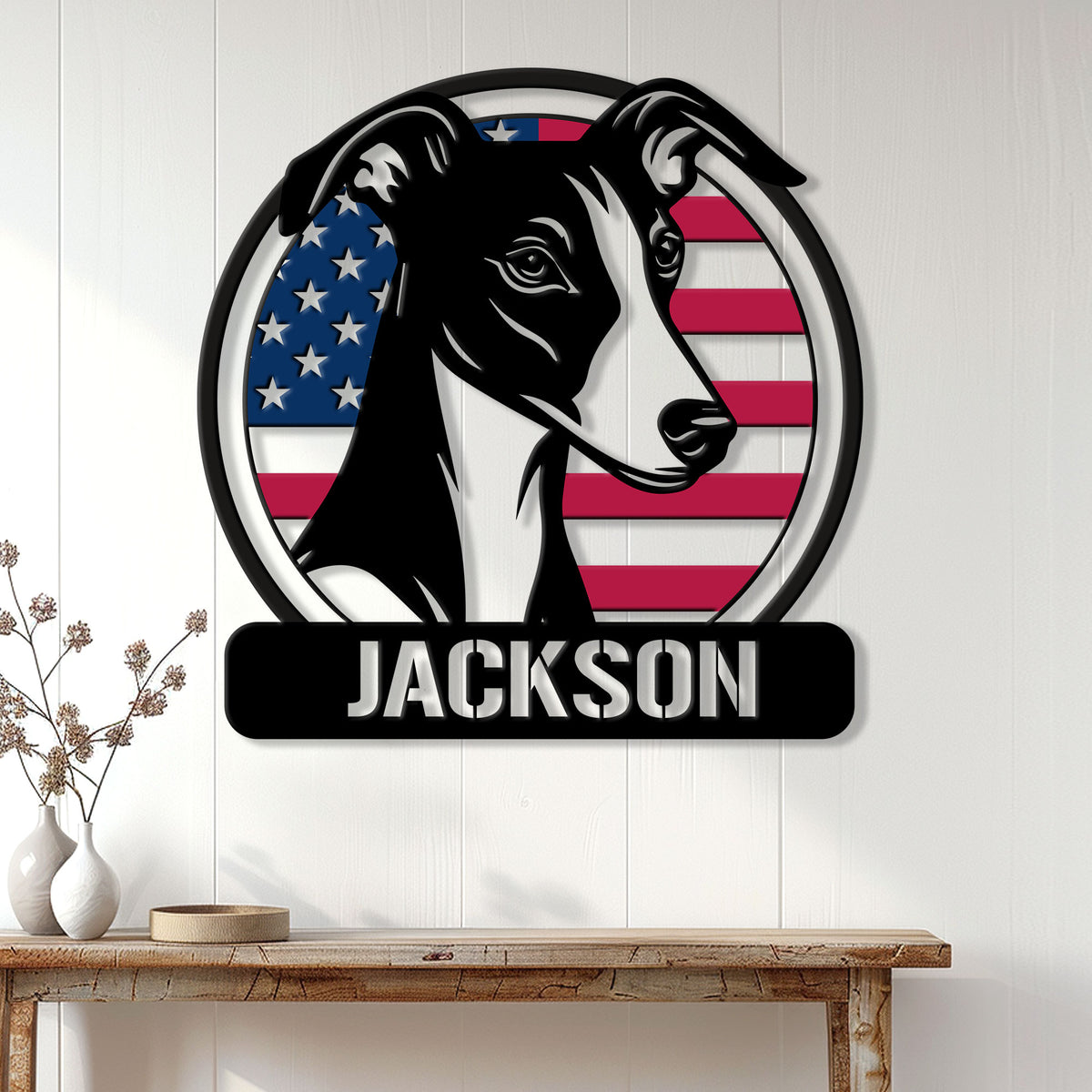 Patriotic Whippet metal wall sign displayed above a wooden console in a bright home interior