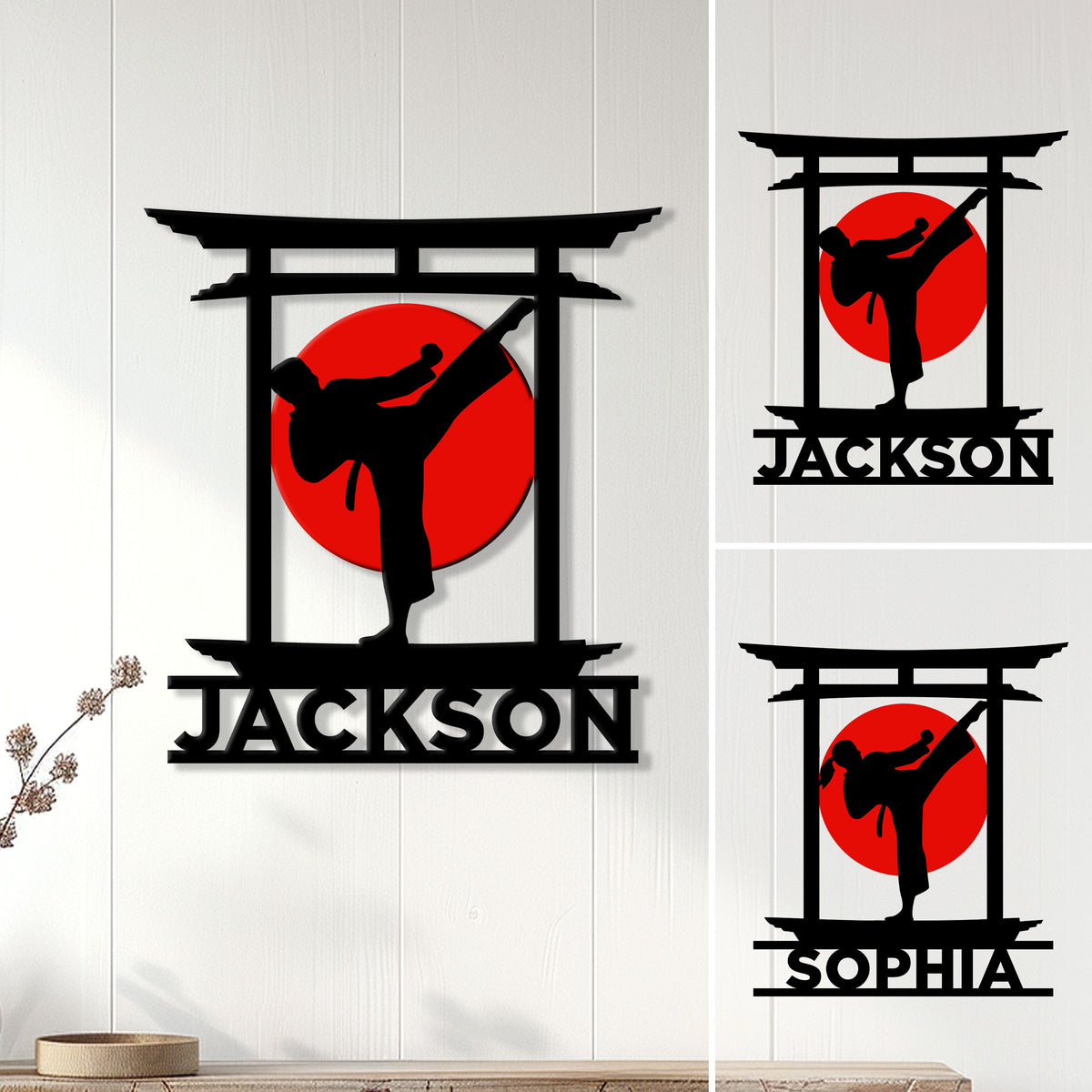 Karate metal sign displayed on a wall, featuring a kicking martial artist silhouette inside a torii-style frame