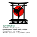 Karate kicking silhouette metal sign shown on a white background with a bold red sun design