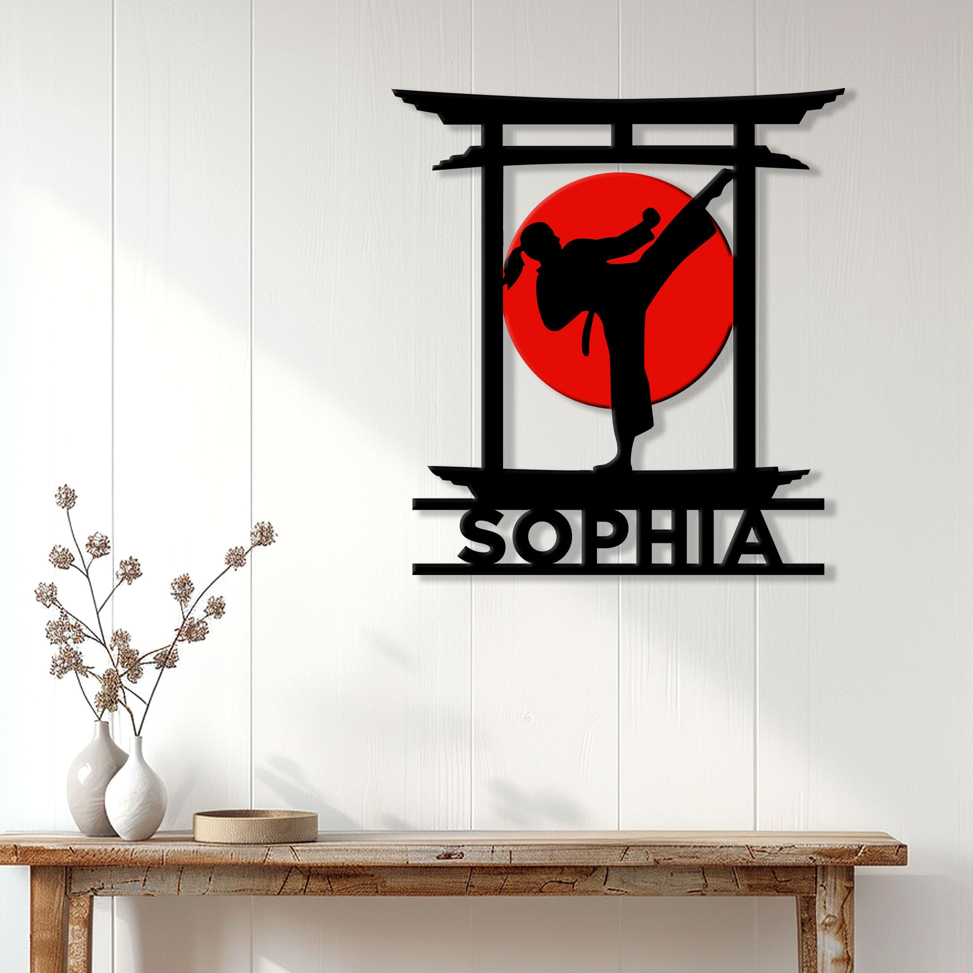 Karate wall sign styled in black with a dynamic martial artist silhouette and red circular background