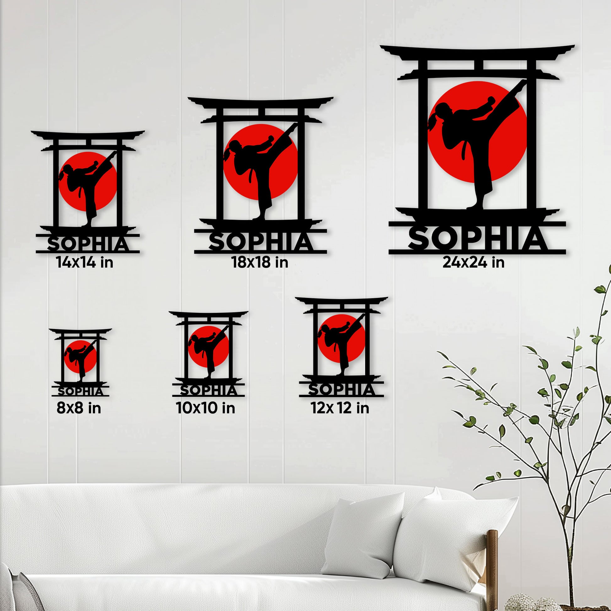 Karate metal sign size guide showing available square sizes from 8 by 8 to 24 by 24 inches