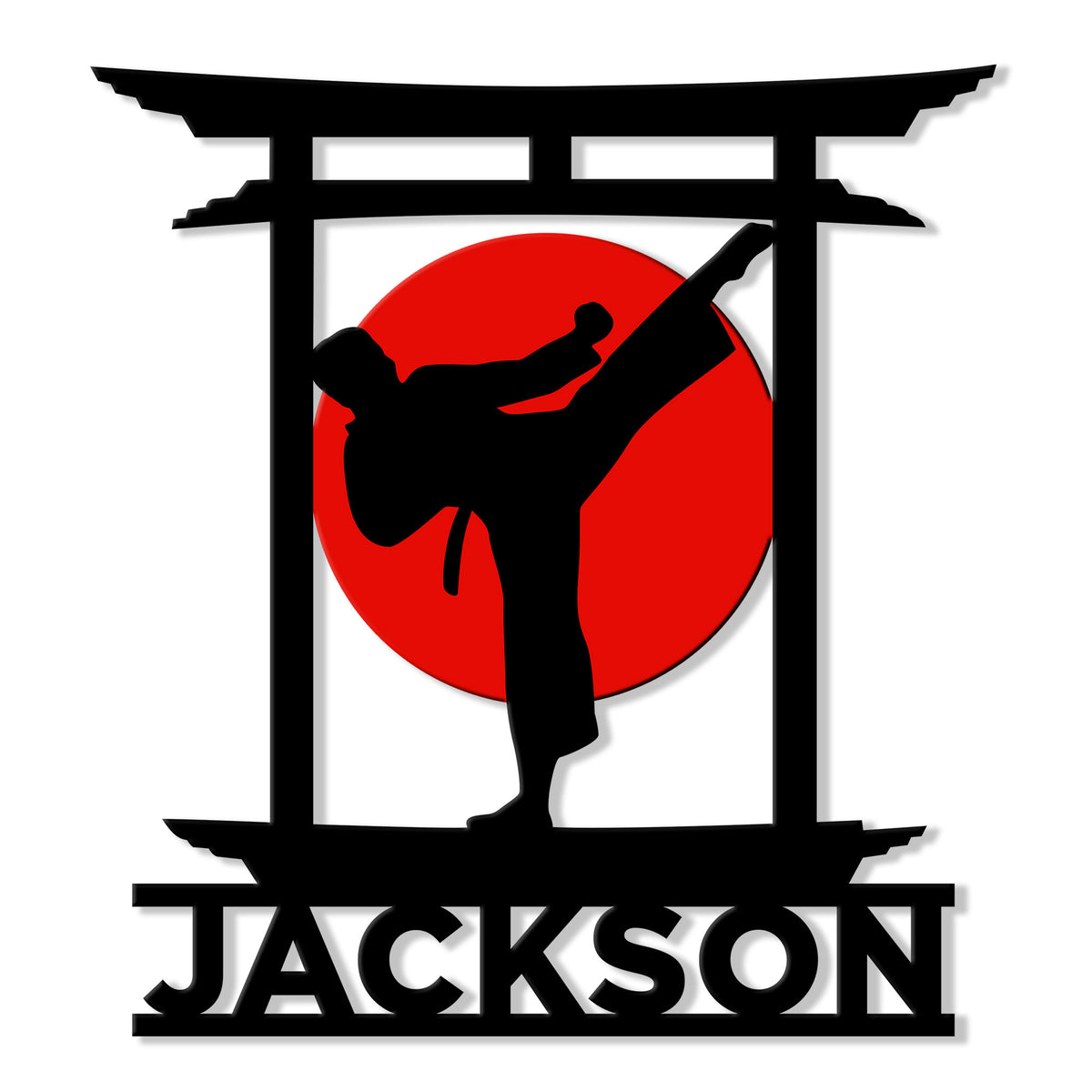 Close-up of a karate metal sign featuring a high kick silhouette, red sun, and torii-style frame