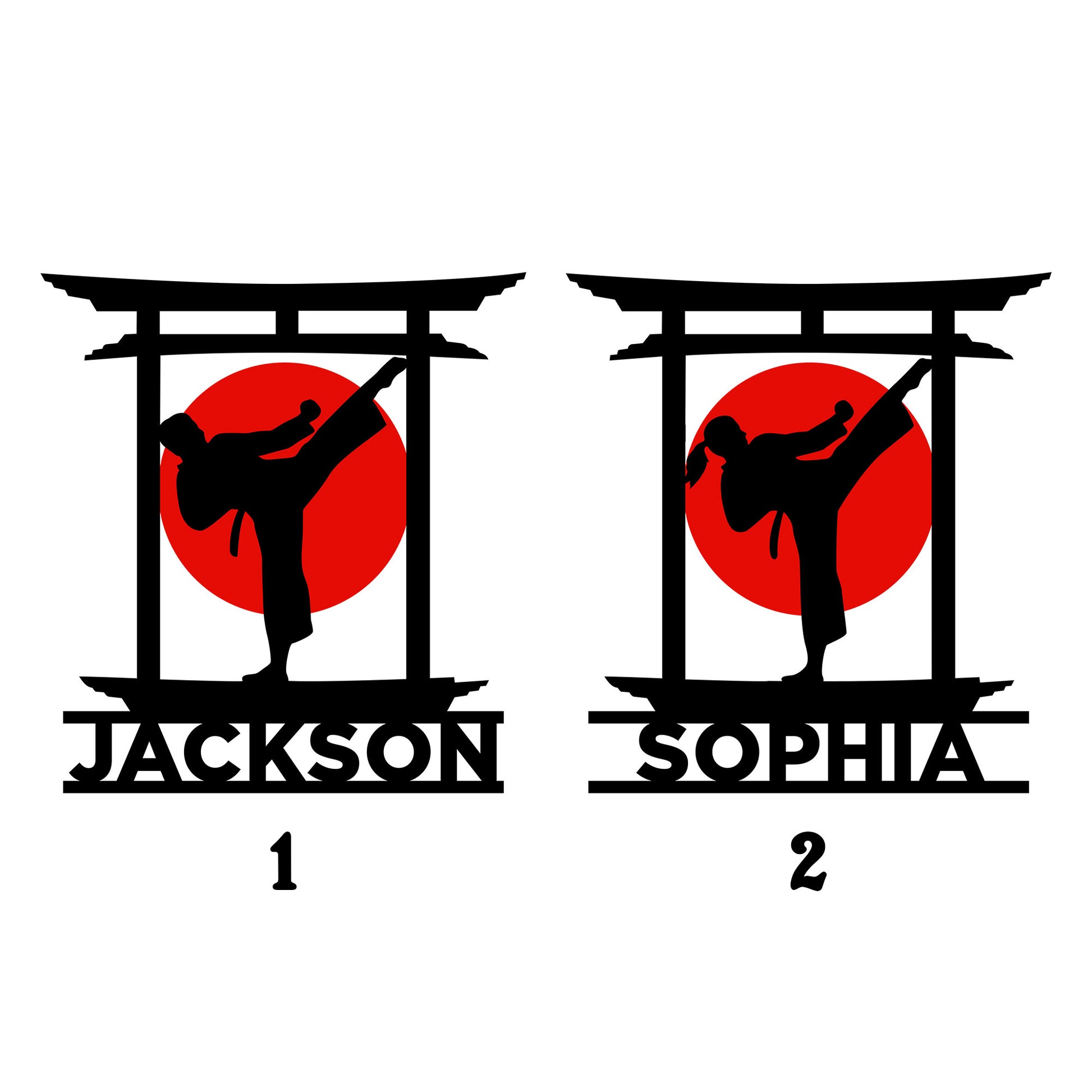 Karate artwork selection guide showing two available silhouette and torii-style design options