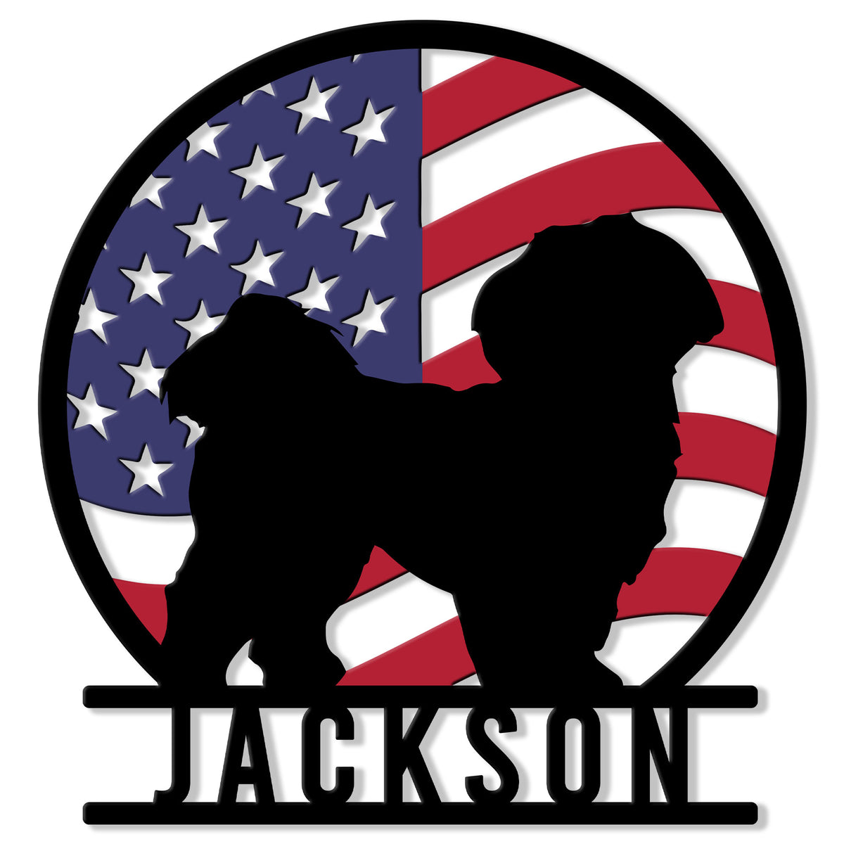 Custom Shih Tzu metal sign featuring a fluffy dog silhouette against a red, white, and blue American flag