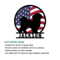 Shih Tzu patriotic metal sign with an American flag silhouette shown alongside product feature information