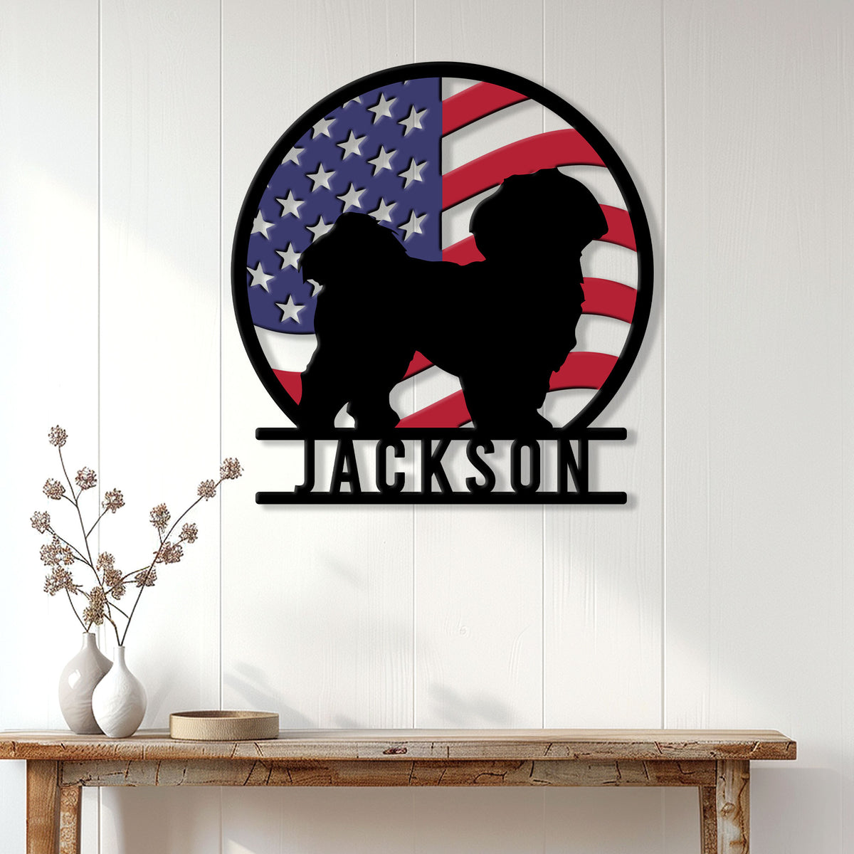 Shih Tzu dog silhouette metal sign displayed as patriotic wall decor in a bright home entryway