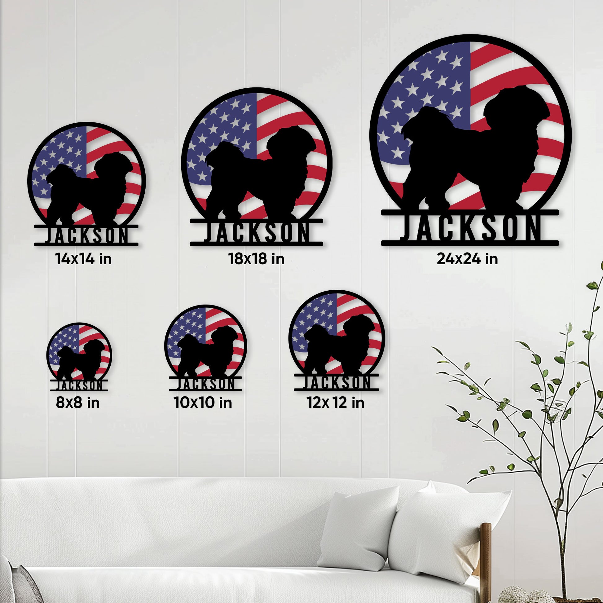 Shih Tzu American flag metal sign displayed in multiple size options on a living room wall
