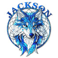 Close-up of a blue and white wolf metal sign with a detailed geometric circular backdrop