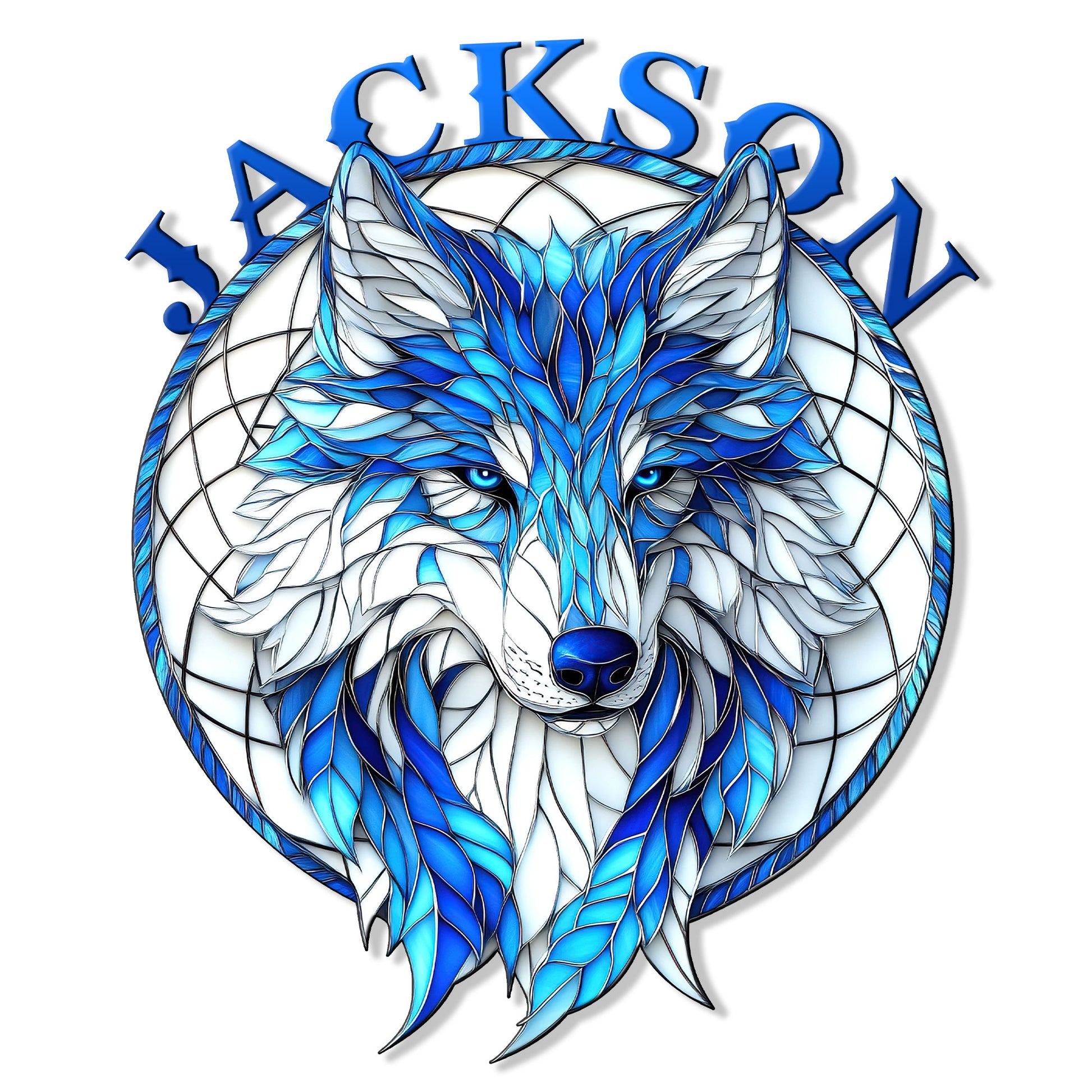 Close-up of a blue and white wolf metal sign with a detailed geometric circular backdrop