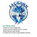 Blue and white wolf cut metal sign shown with product feature information