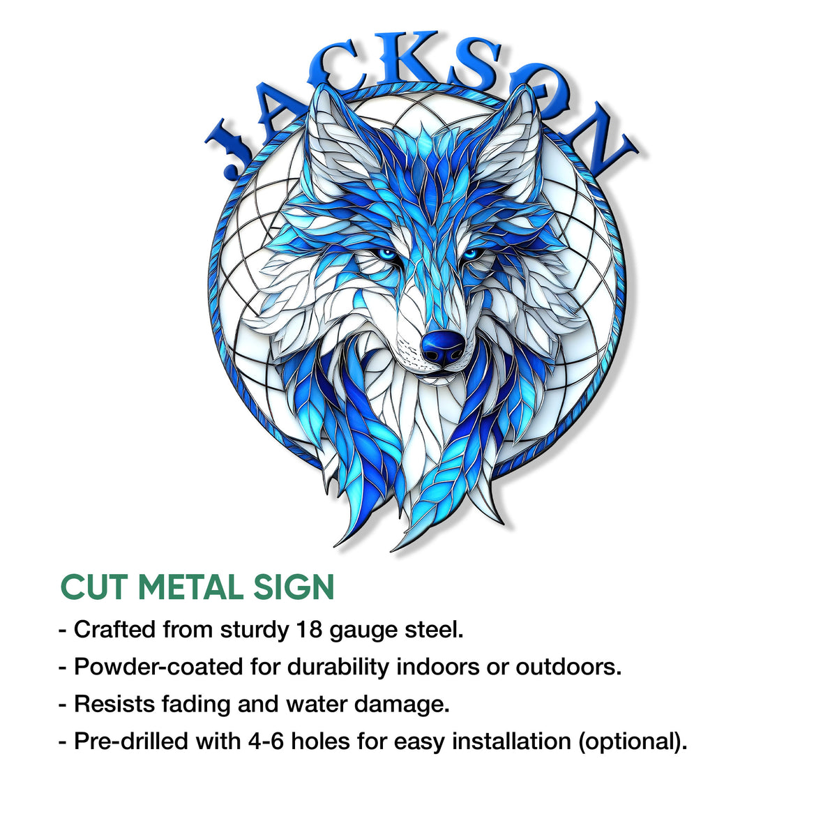 Blue and white wolf cut metal sign shown with product feature information