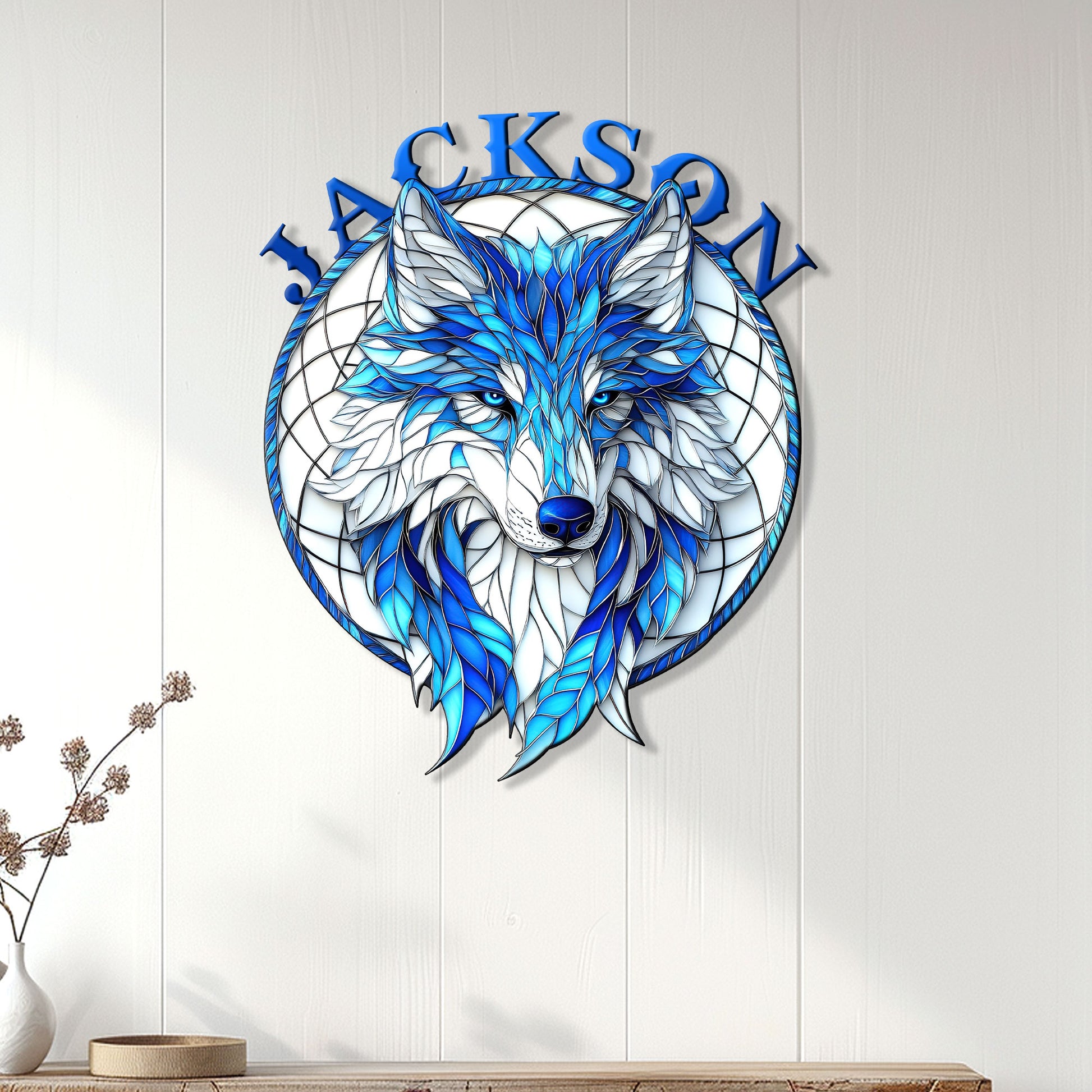 Blue wolf metal sign displayed as wall decor on a light wood-paneled wall