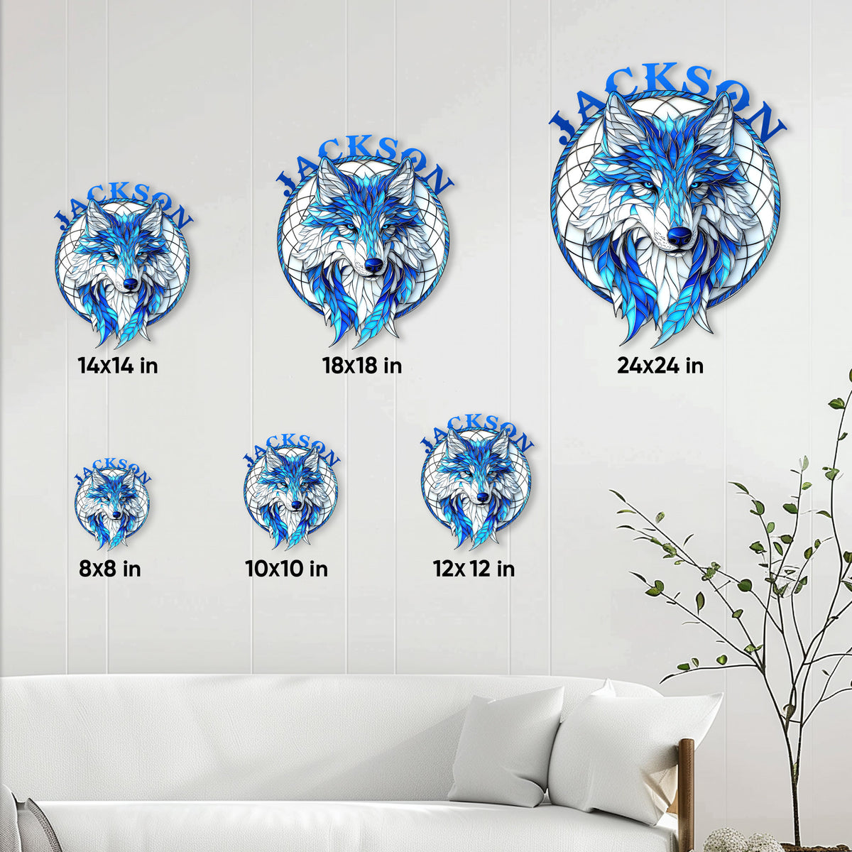 Wolf metal sign size guide showing 8, 10, 12, 14, 18, and 24 inch options