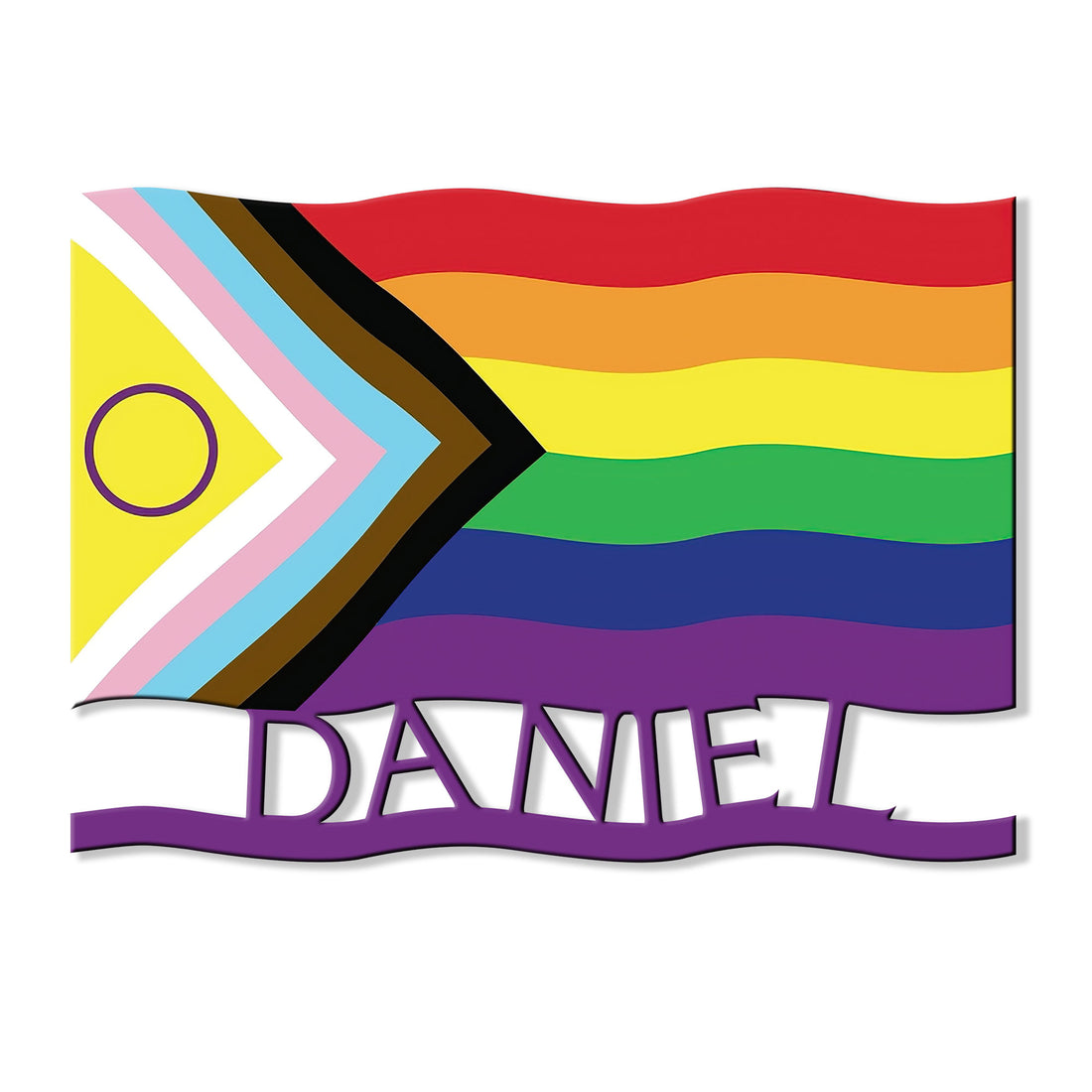 Progress Pride flag metal sign with rainbow stripes, inclusive chevrons, and a bold wall decor design