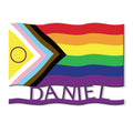 Progress Pride flag metal sign with rainbow stripes, inclusive chevrons, and a bold wall decor design
