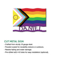 Progress Pride metal sign feature guide highlighting cut steel construction and available indoor or outdoor use