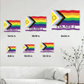 Progress Pride metal sign size guide showing wall display options from 8 by 8 to 24 by 24 inches
