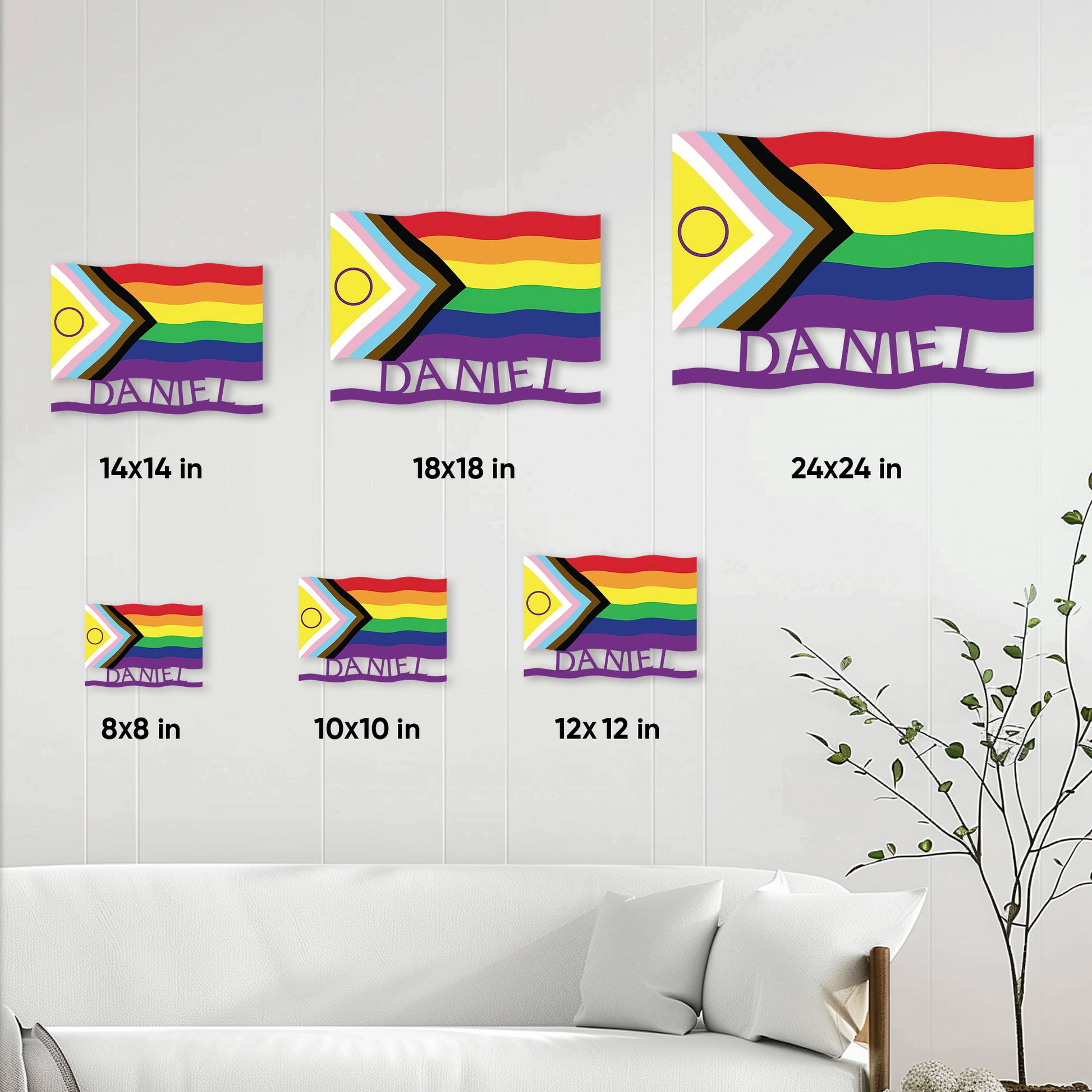 Progress Pride metal sign size guide showing wall display options from 8 by 8 to 24 by 24 inches