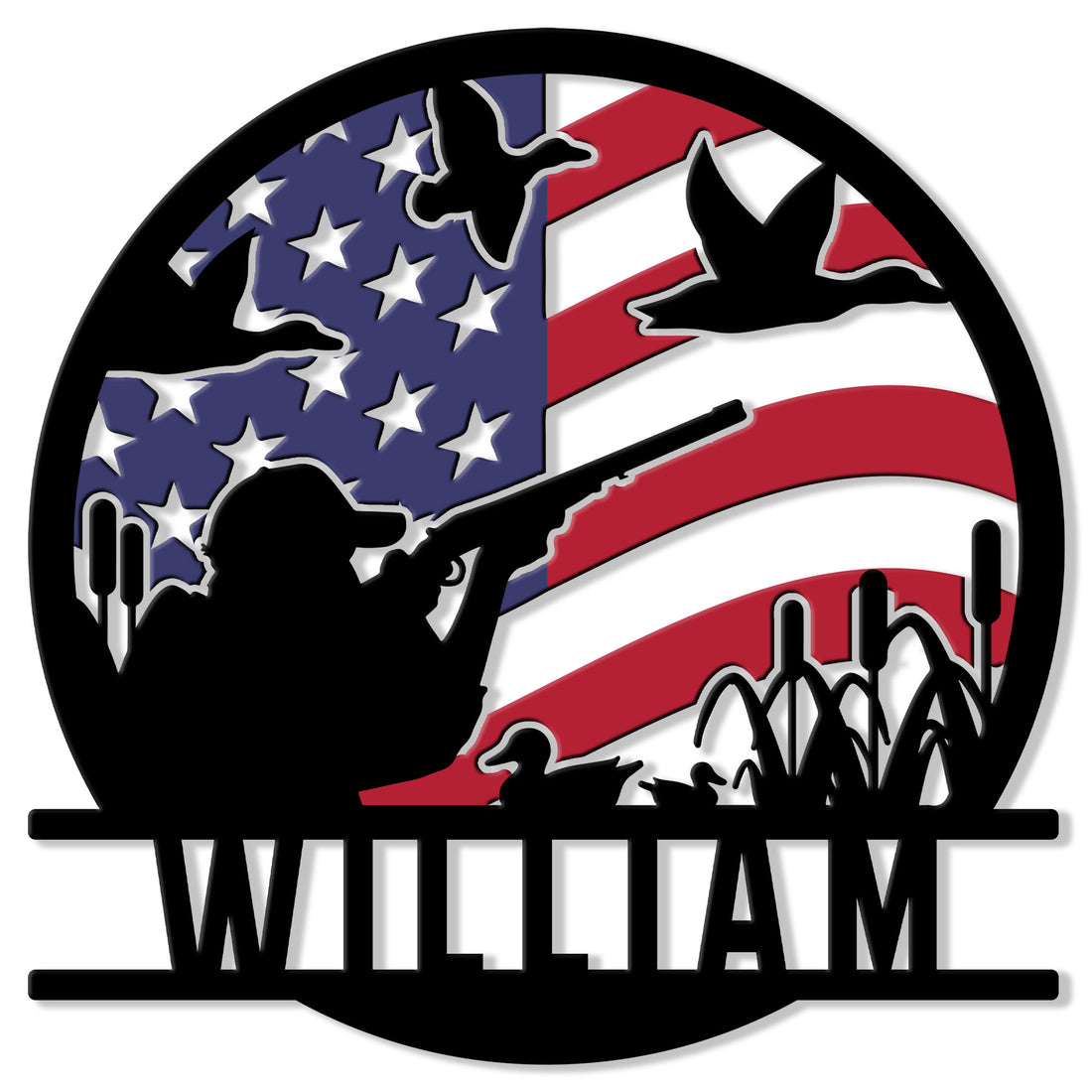 Duck hunting metal sign with a hunter silhouette, flying ducks, cattails, and patriotic flag design
