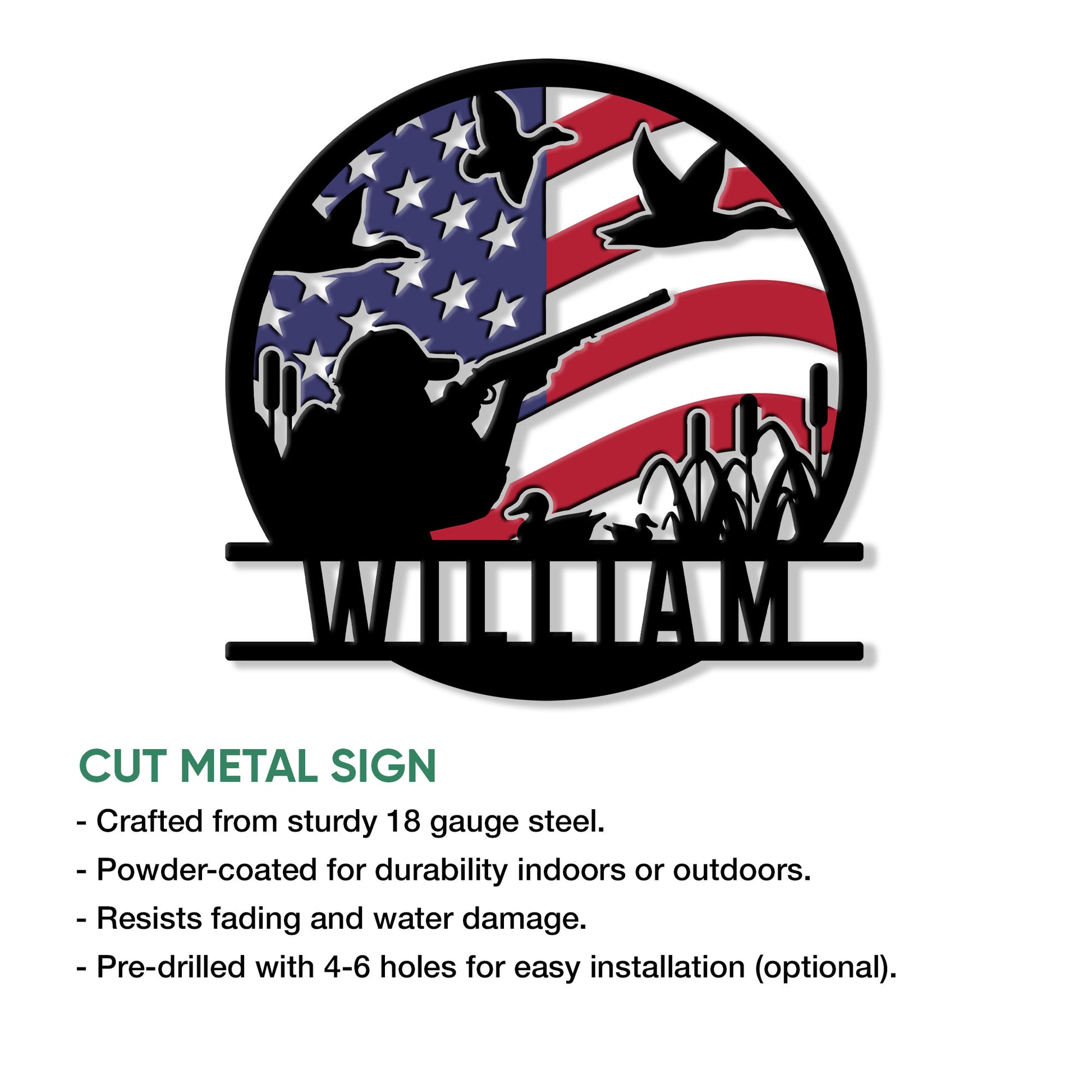 Patriotic duck hunting sign featuring a hunter, shotgun, flying waterfowl, and marsh cattails