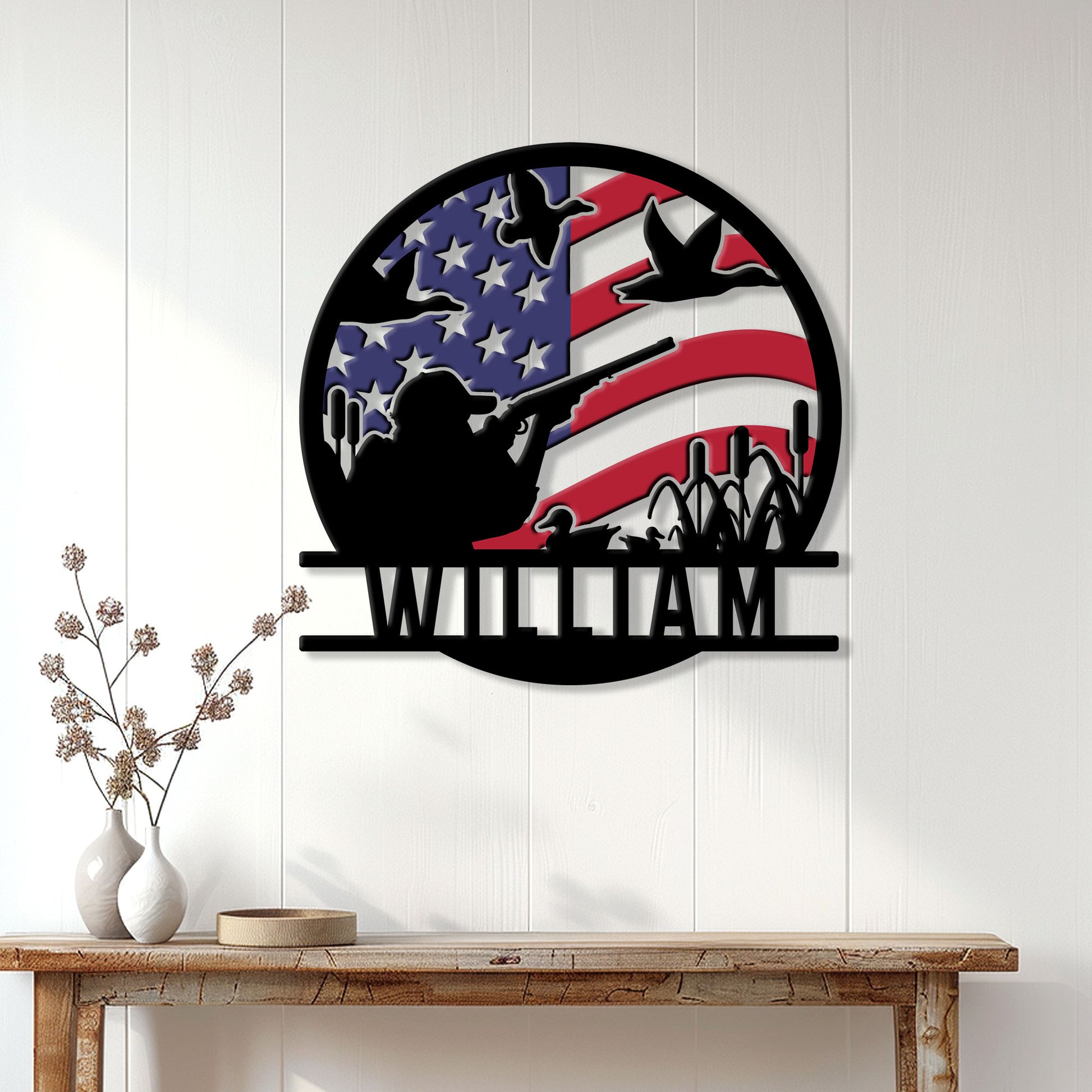 Duck hunting wall sign displayed on a light wood-paneled wall above a console table