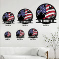 Duck hunting metal sign shown in multiple size options on a living room wall