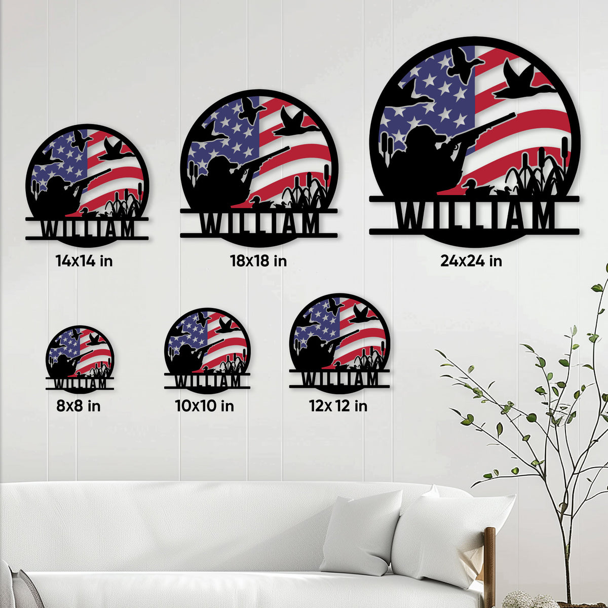 Duck hunting metal sign shown in multiple size options on a living room wall
