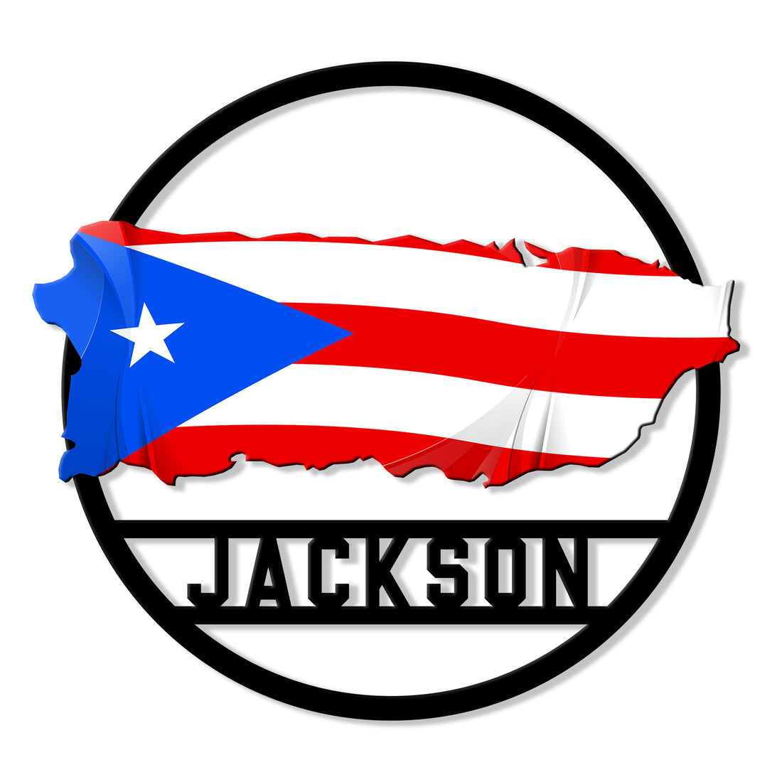 Puerto Rico metal sign featuring the island silhouette filled with the Puerto Rican flag inside a circular frame