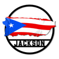 Puerto Rico metal sign featuring the island silhouette filled with the Puerto Rican flag inside a circular frame