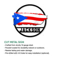 Puerto Rico flag metal sign shown in a product feature graphic with its circular island design