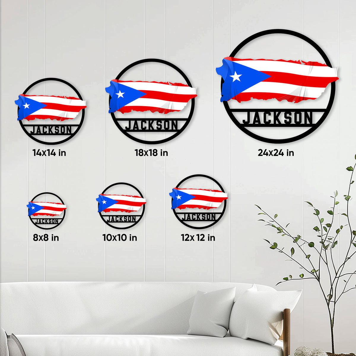 Puerto Rico metal sign size guide showing six square size options from 8 by 8 to 24 by 24 inches