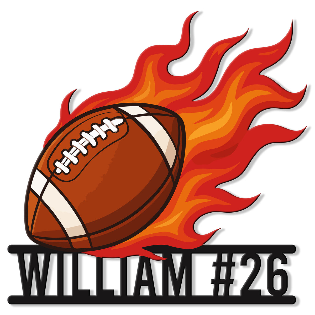 Flaming football metal sign featuring a bold brown football with red and orange flames