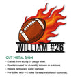 Football cut metal sign shown as a standalone sports wall decor design with a fiery ball graphic