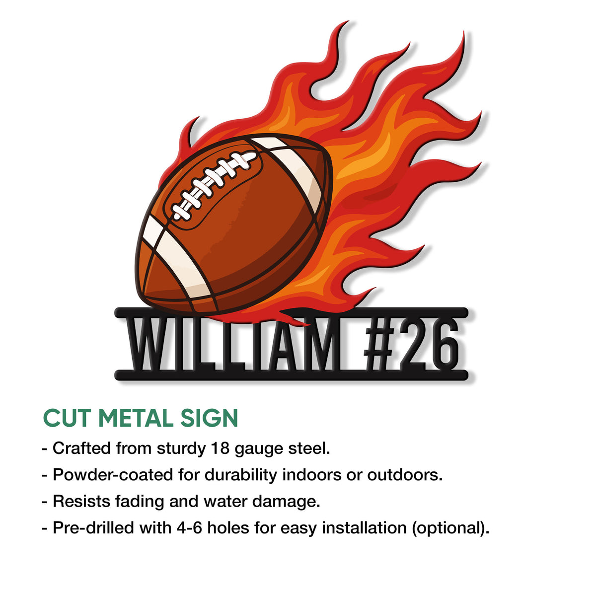 Football cut metal sign shown as a standalone sports wall decor design with a fiery ball graphic