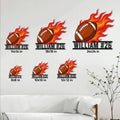 Football metal sign size guide showing fiery ball designs in 8, 10, 12, 14, 18, and 24 inch options