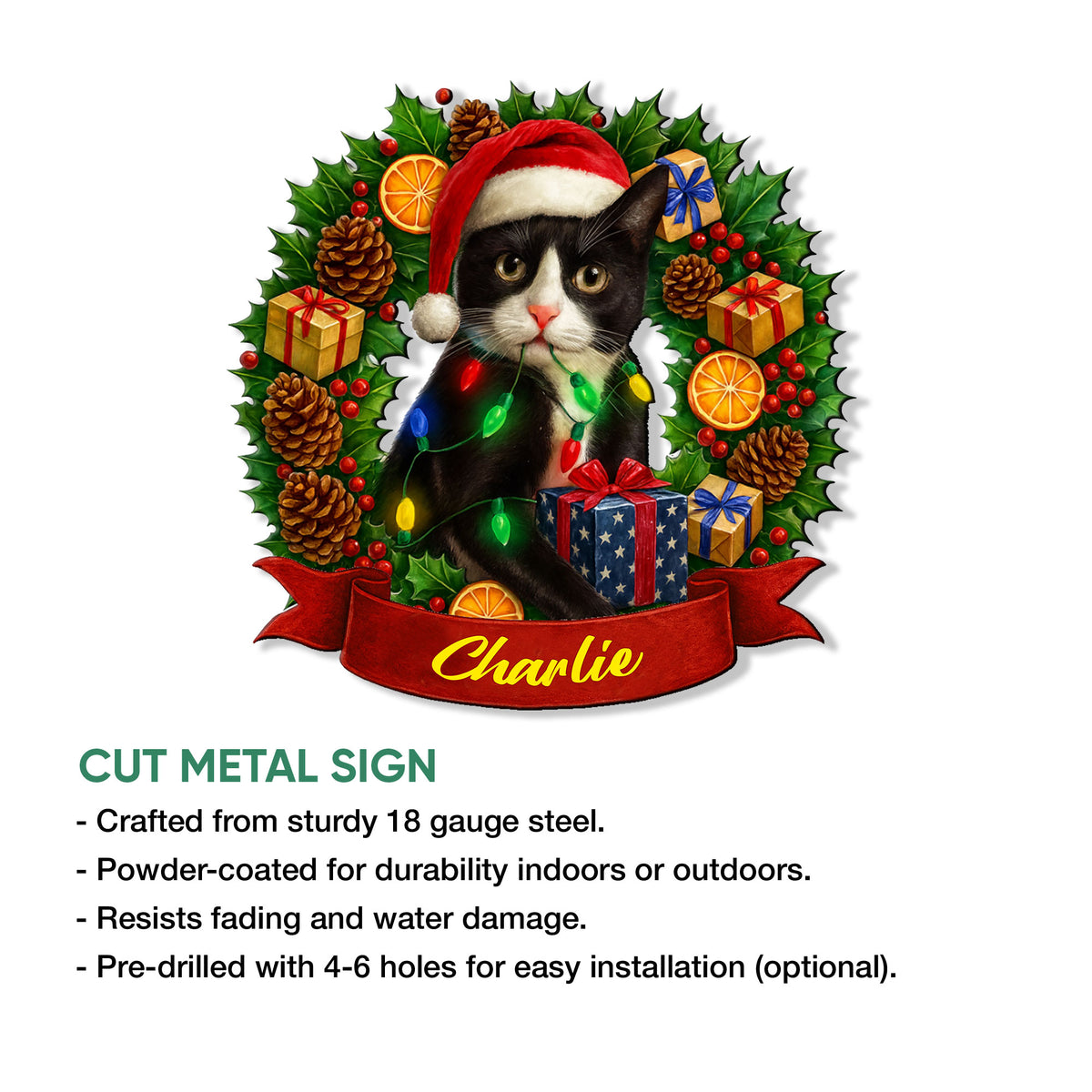 Christmas tuxedo cat metal sign artwork shown with cut metal sign features and indoor or outdoor display notes