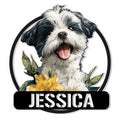 Custom Lhasa Apso metal sign featuring a cheerful black and white dog portrait with yellow and white flowers